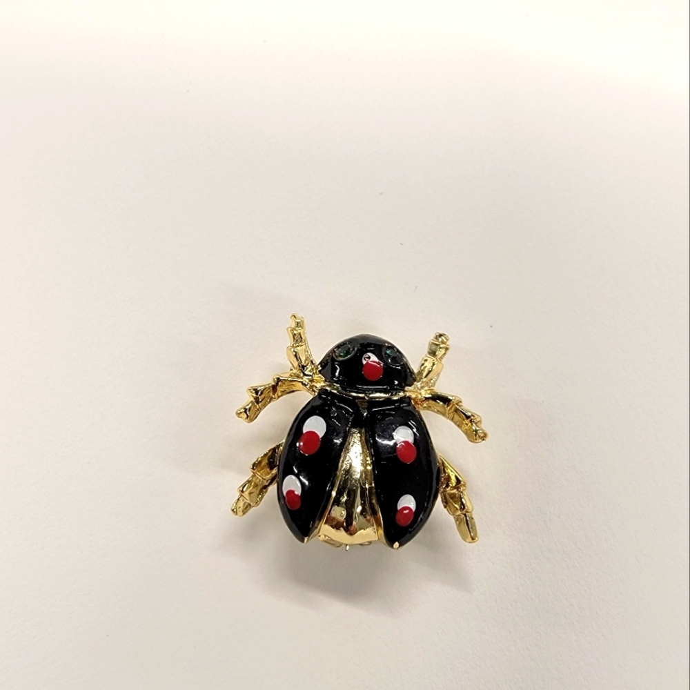 Vintage Ladybug Bug Brooch Pin Gold Tone Painted Body Black Rhinestones for Eyes